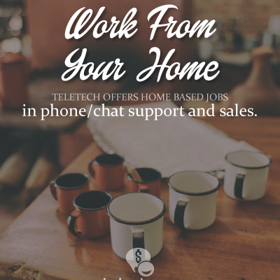 Work at home for teletech as a customer support rep or sales agents. Some phone and some chat positions are offered.