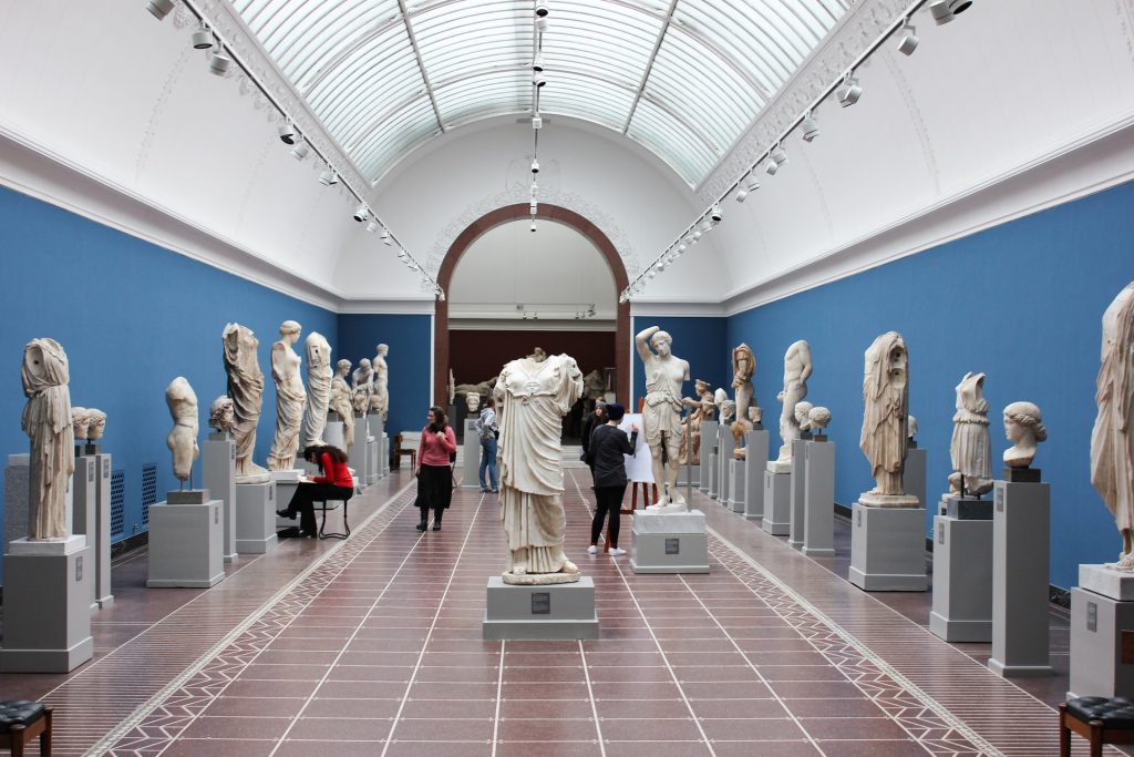 a museum with artistic statues