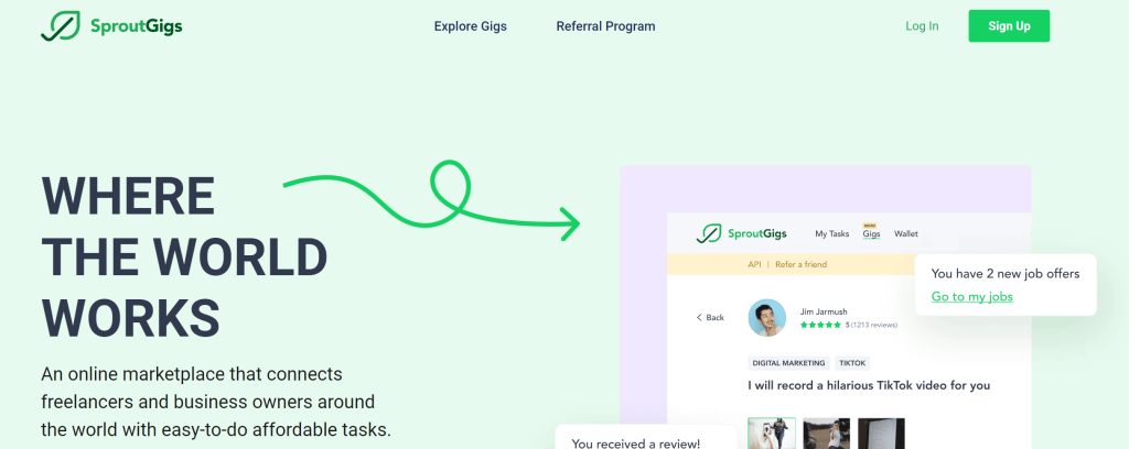 Sproutgigs homepage outlook